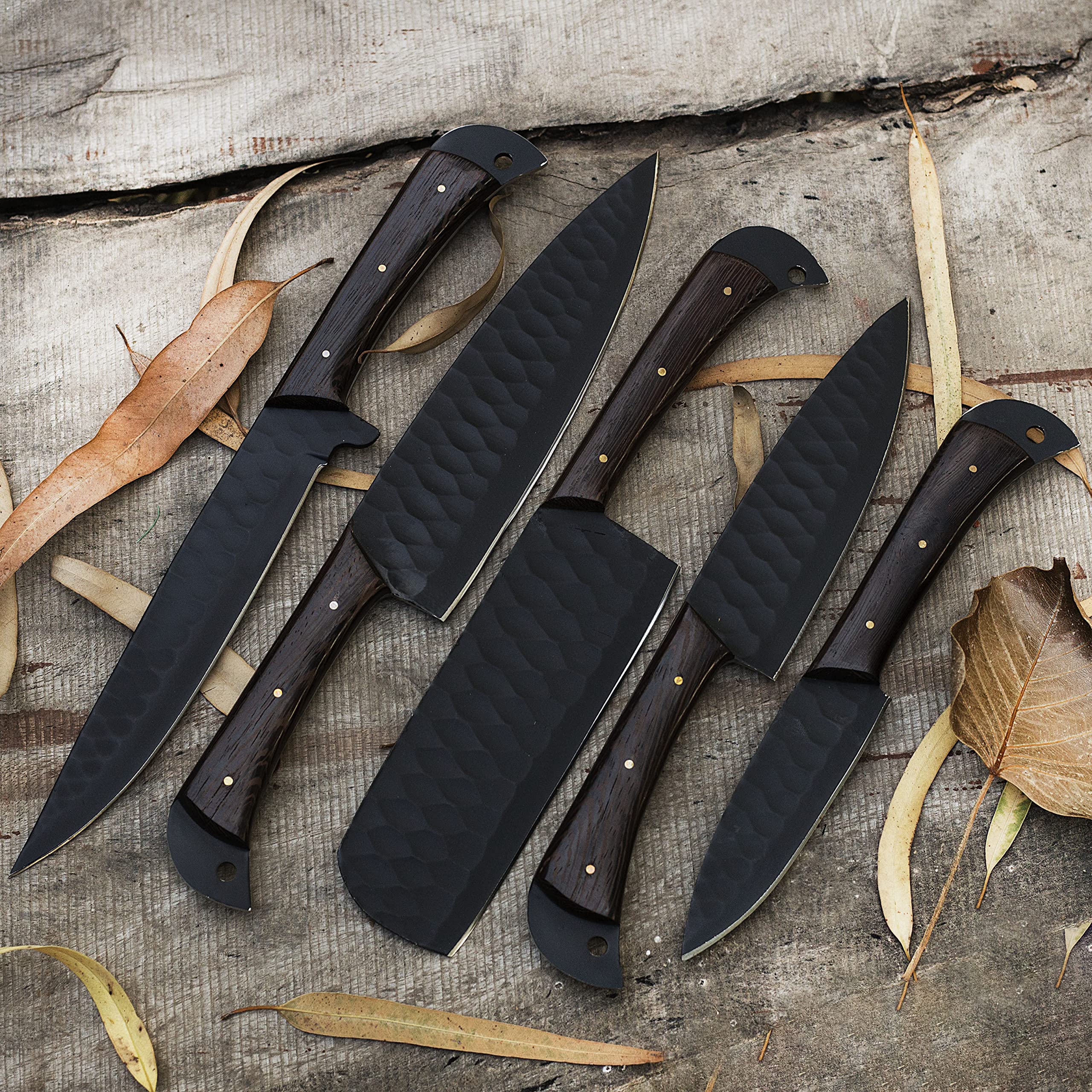 Falcon Knives Handmade Damascus-Pattern 5 Piece Knife Set with Leather Roll Case