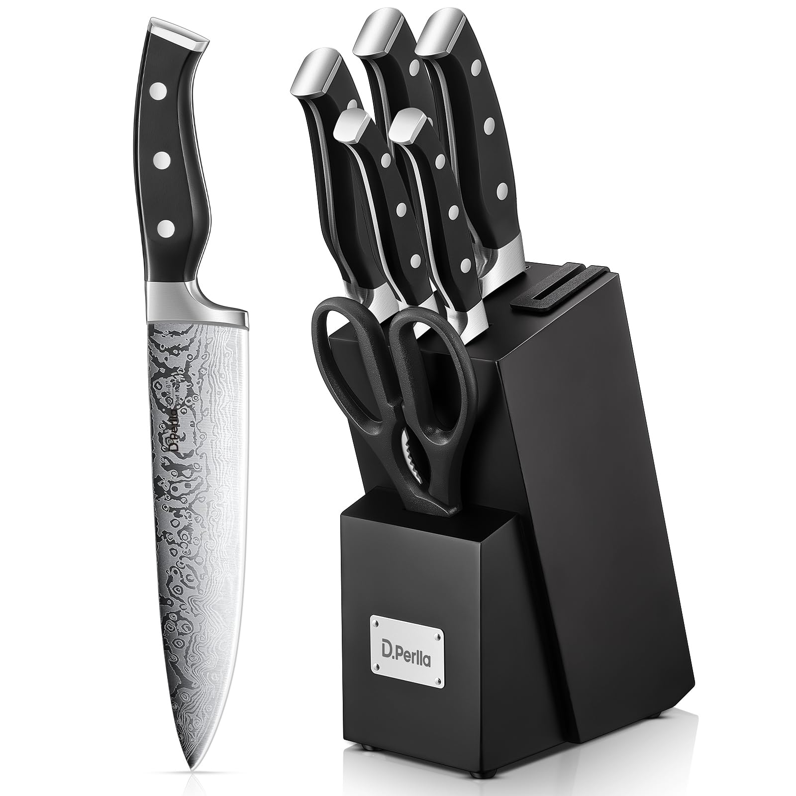 D.Perlla 7 Piece Kitchen Knife Set with Self-Sharpening Wooden Block
