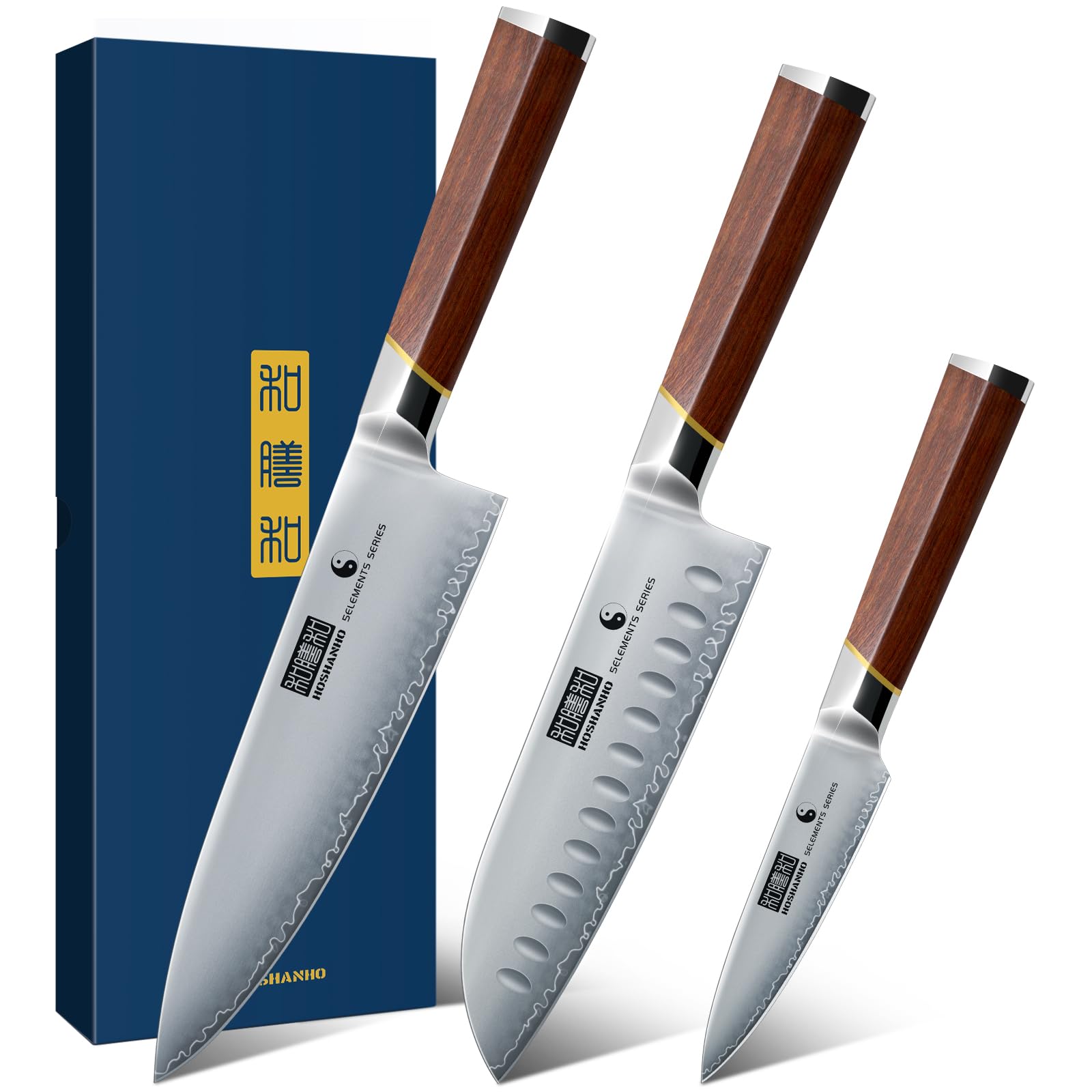 HOSHANHO 3 Piece Japanese Knife Set with Rosewood Handles