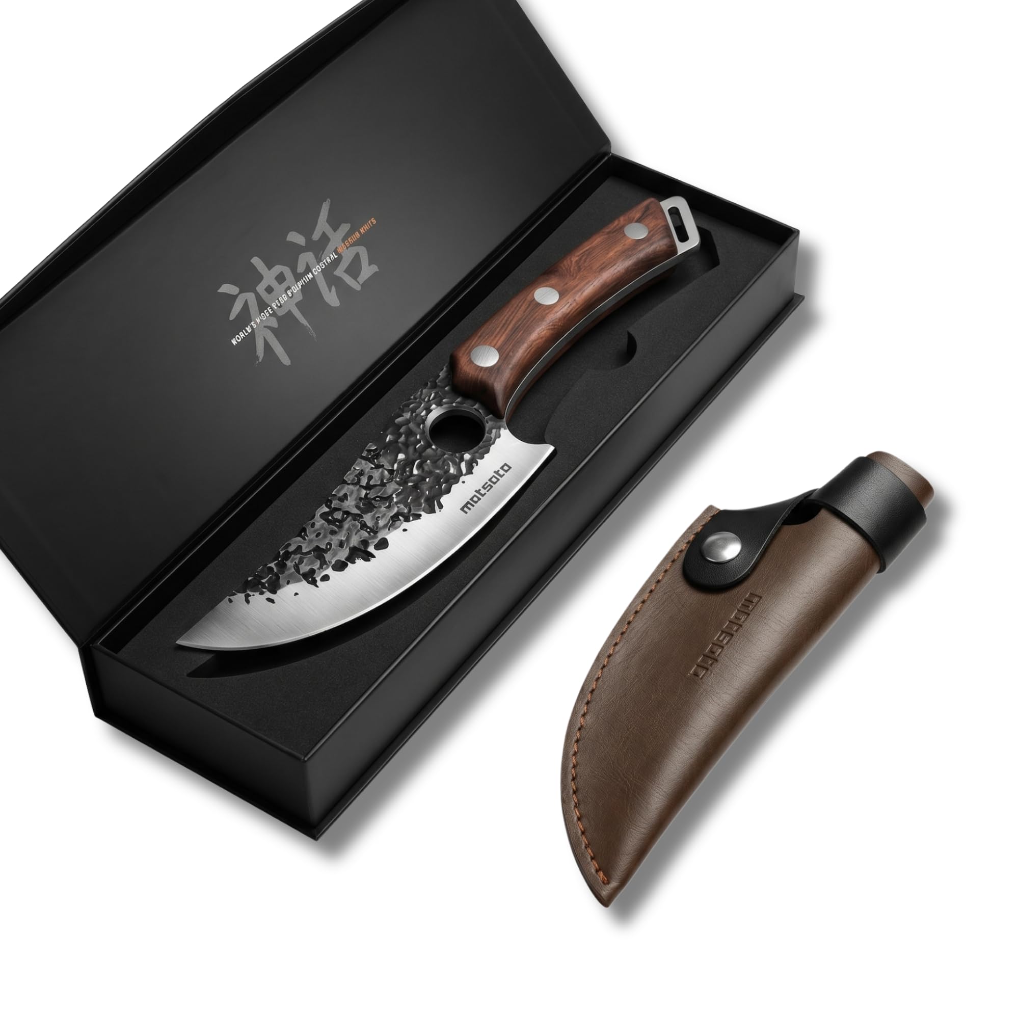 Matsato Japanese Chef Knife Set with Oak Handle and Leather Sheath