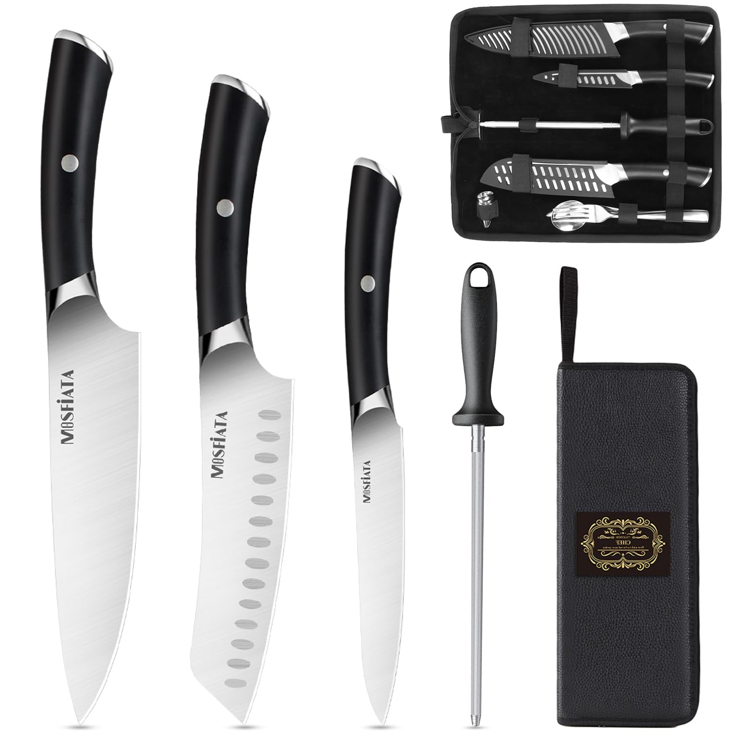 MOSFiATA 11 Piece Chef Knife Set with Roll Bag