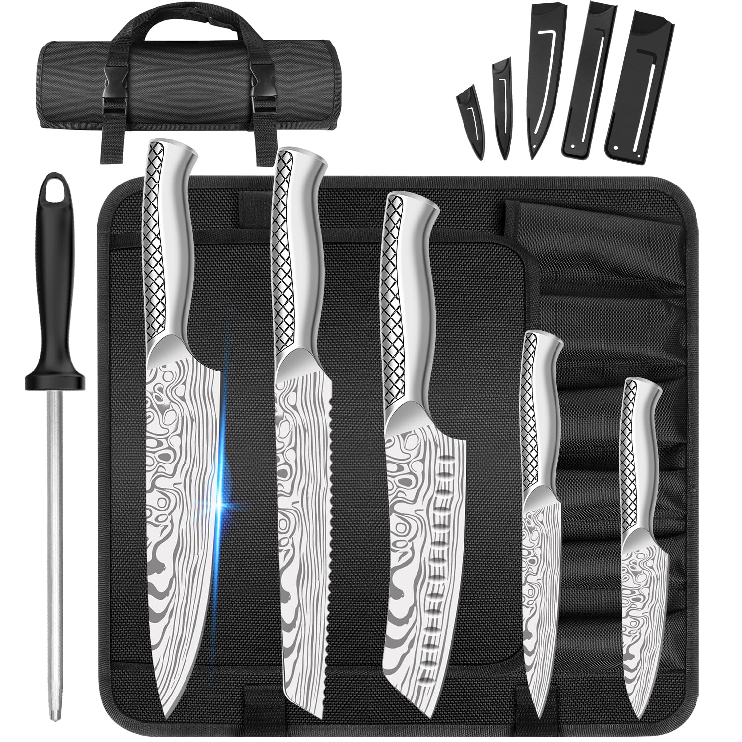 MOSFiATA 5 Piece Chef Knife Set with Roll Bag