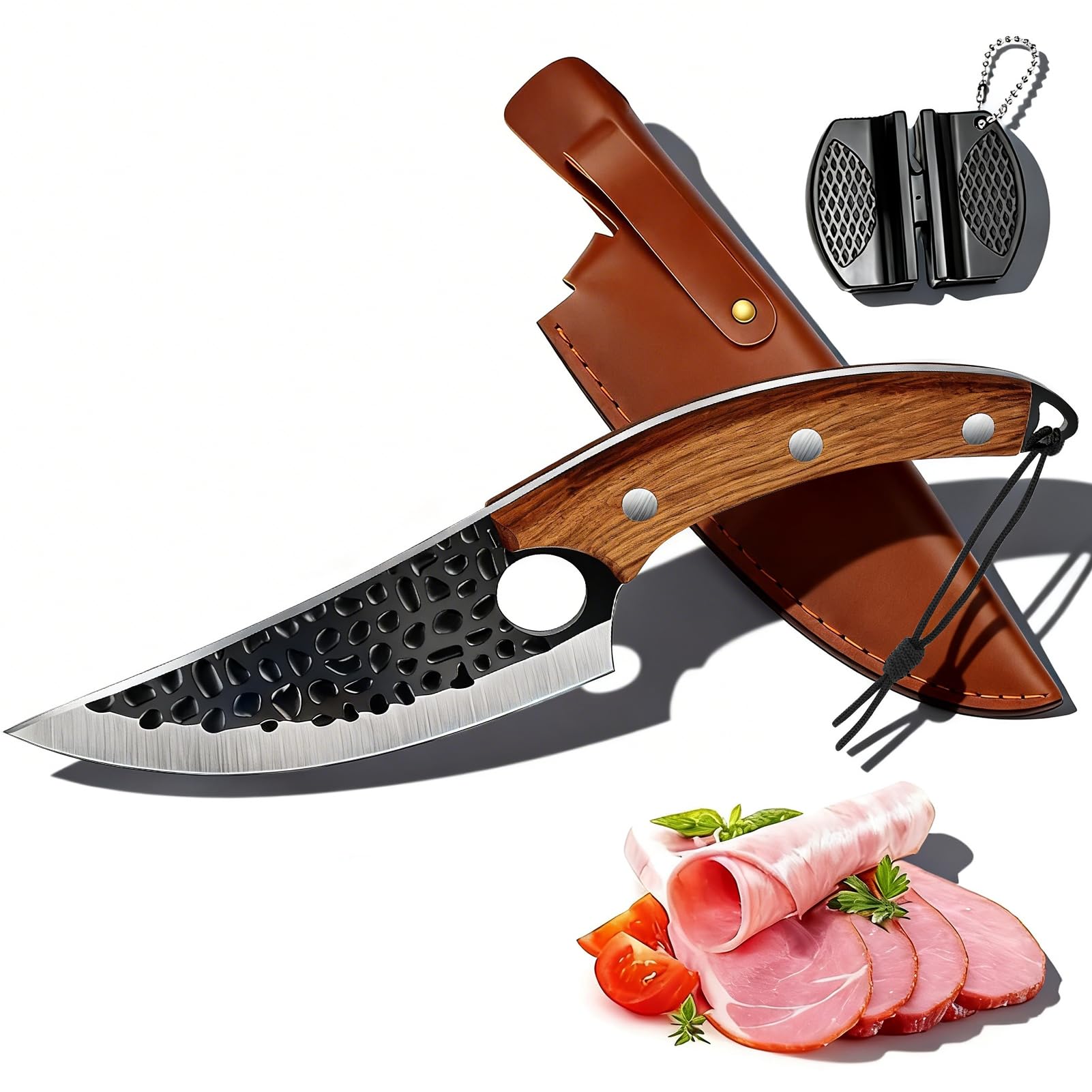 OOKUU Hand-Forged 3 Piece Knife Set with Pear Wood Handles and Leather Sheath