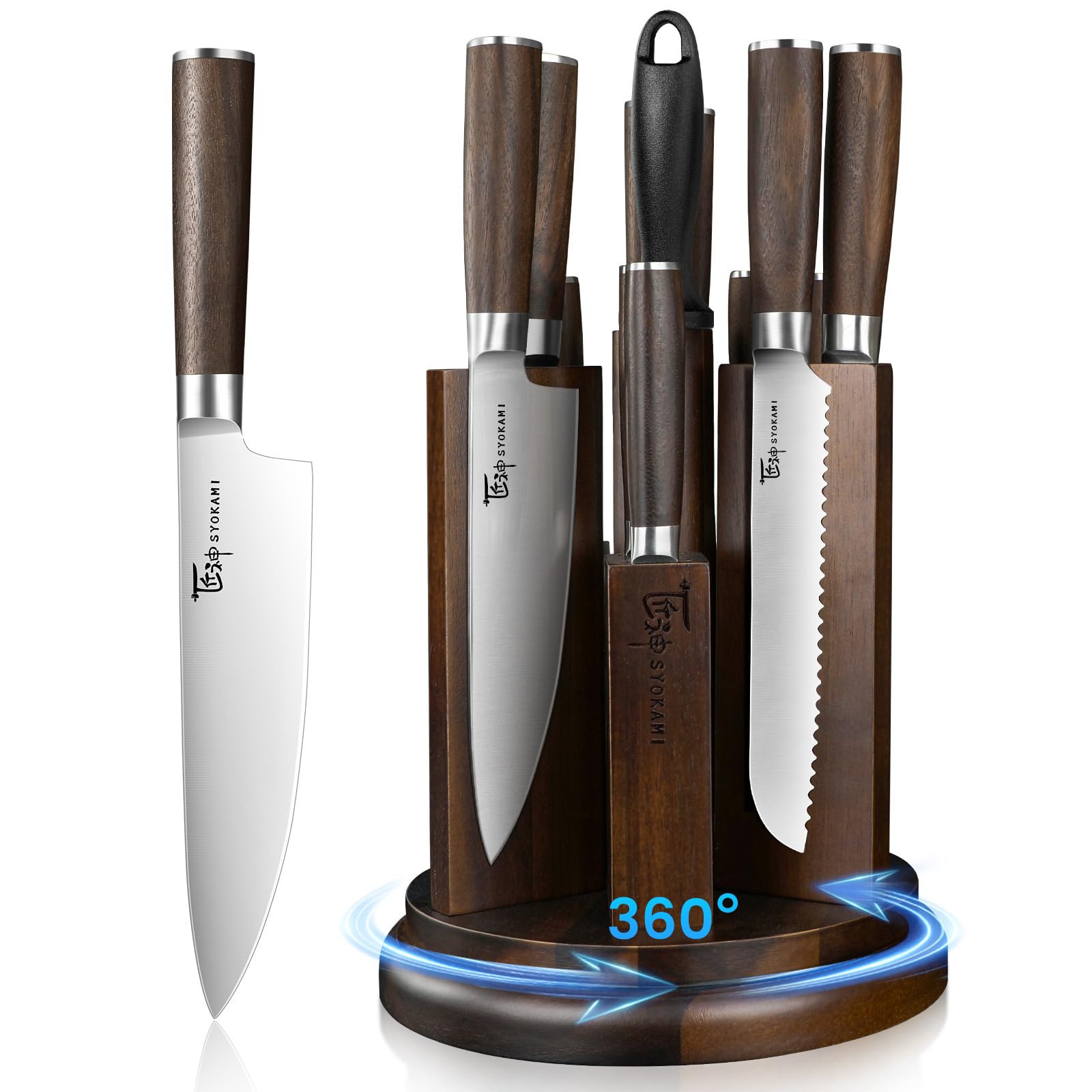 SYOKAMI 14 Piece Japanese Knife Set with 360-degree Rotating Magnetic Block