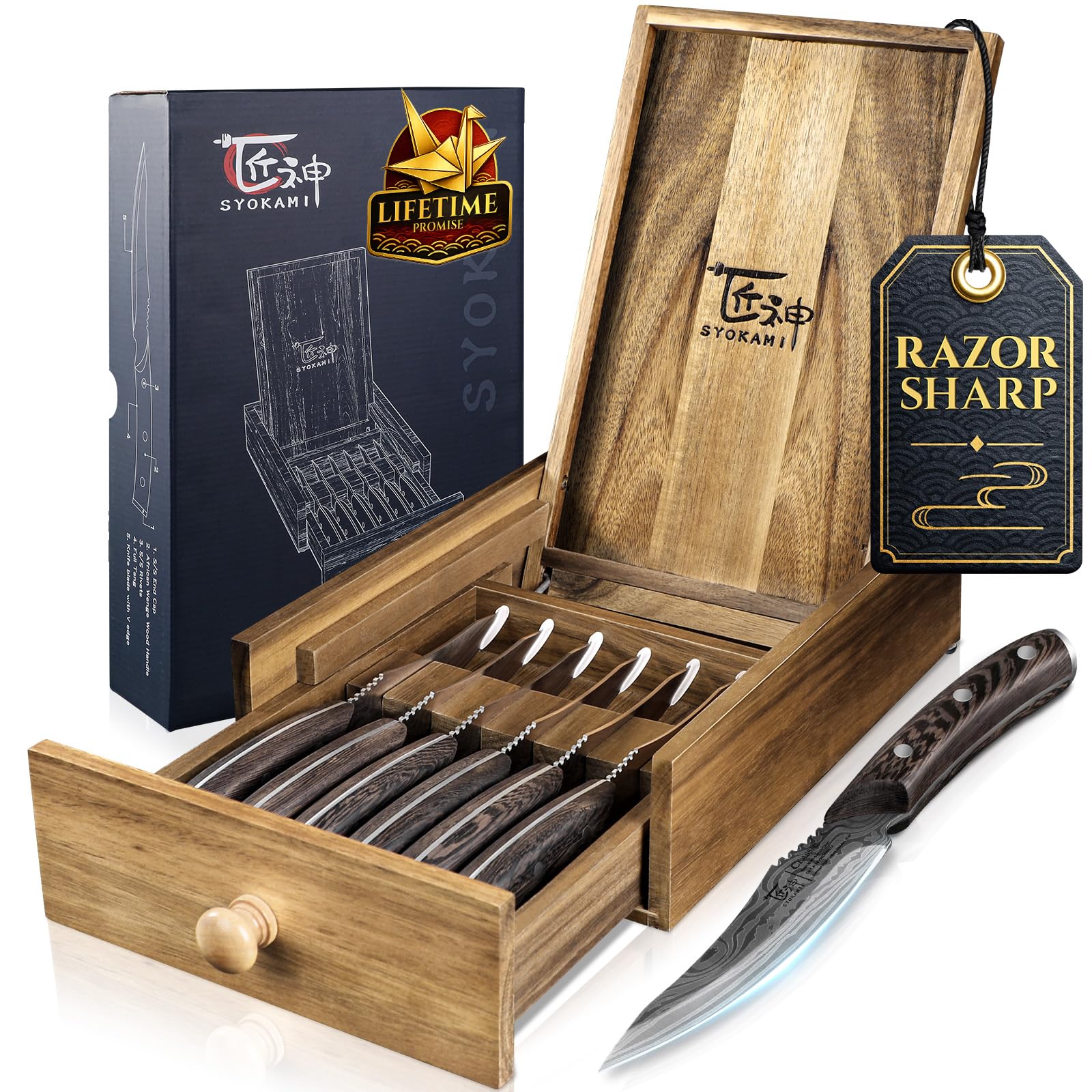 SYOKAMI 6 Piece Steak Knife Set with Wooden Drawer Organizer