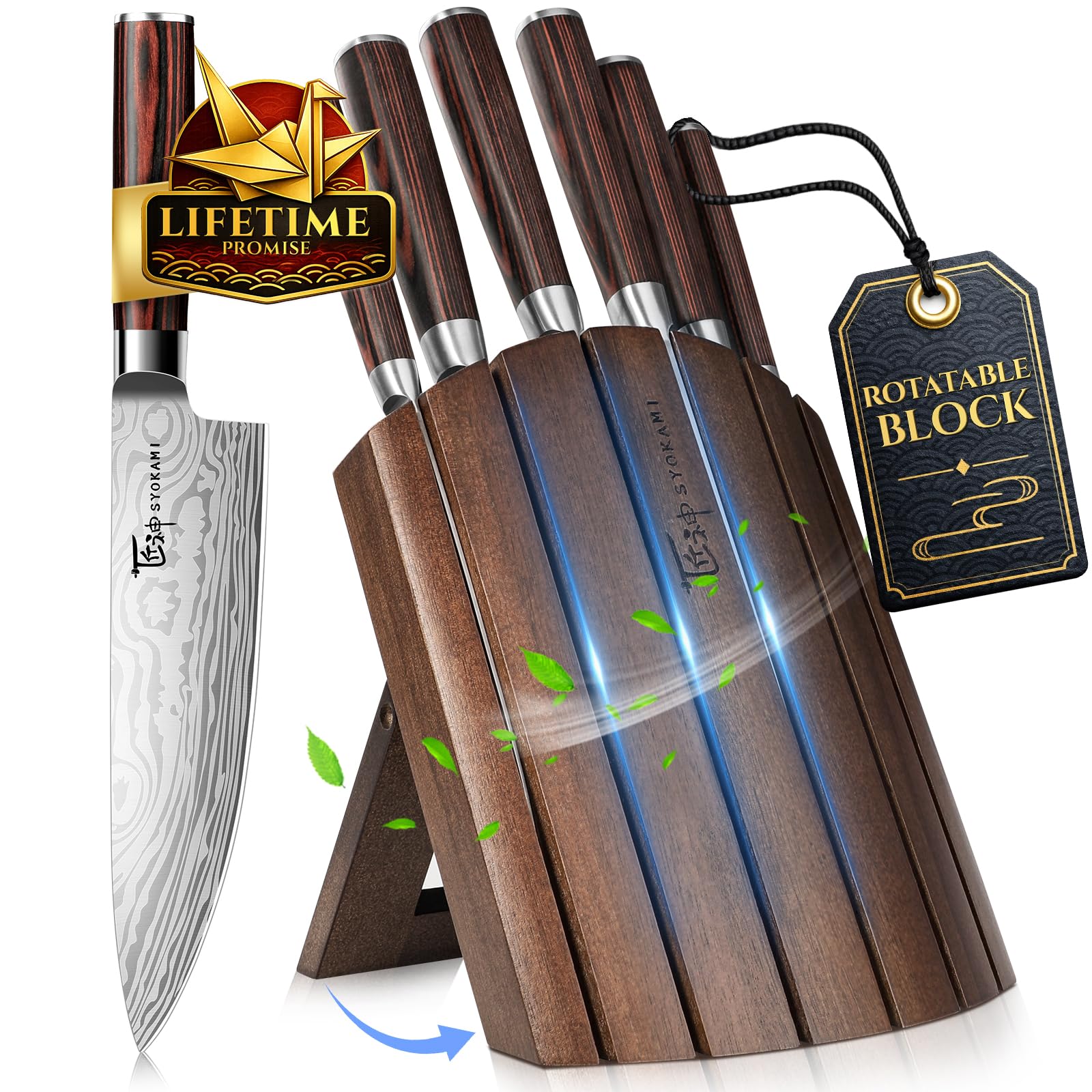 SYOKAMI 7 Piece Japanese Knife Set with Foldable Acacia Wood Block