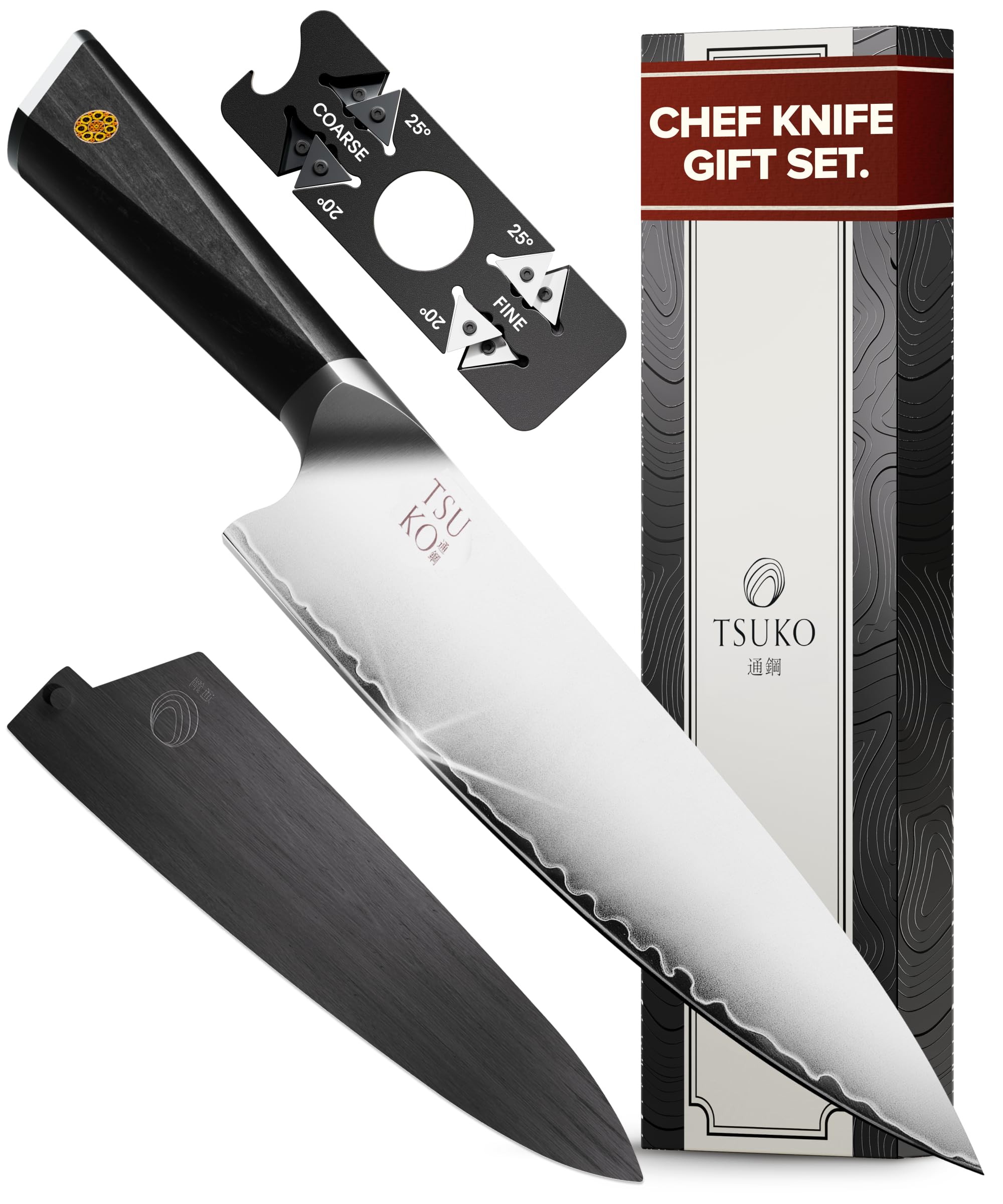 Tsuko VG10 Japanese Chef Knife Set with Wooden Sheath and Sharpener