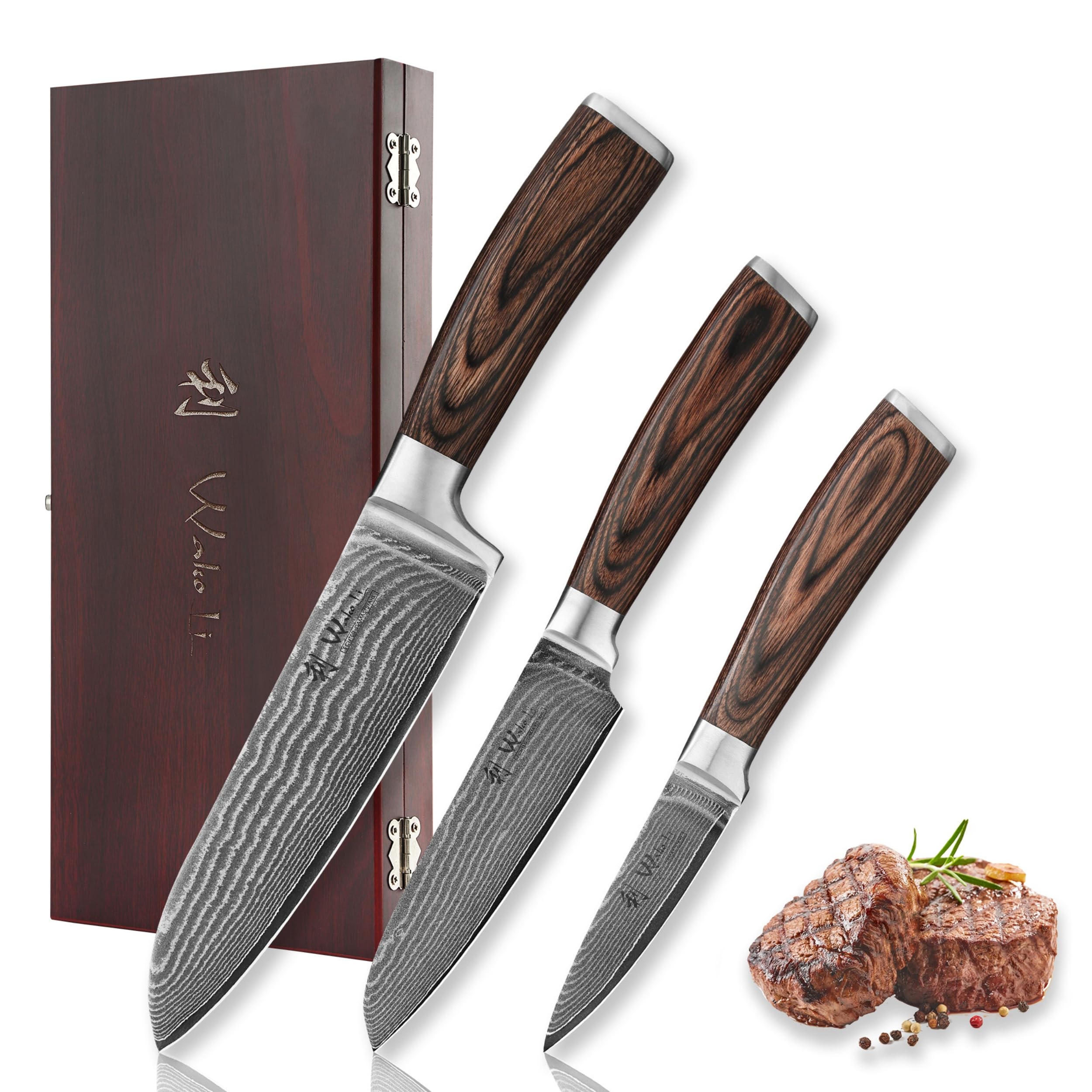 Wakoli EDIB 3 Piece VG10 Damascus Knife Set with Pakkawood Handles