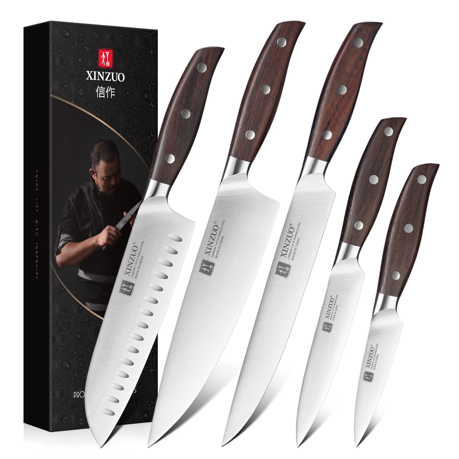 XINZUO 5 Piece Chef Knife Set with Red Sandalwood Handles